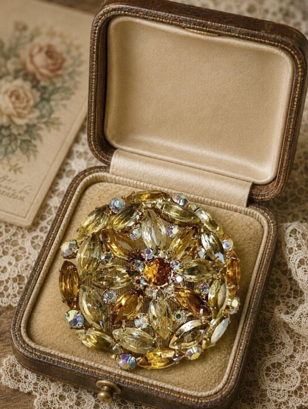 D&E Juliana? Vintage Brooch Open Back Transparent Canary Topaz Clear AB Stones